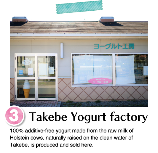 100% additive-free yogurt made from the raw milk of Holstein cows, naturally raised on the clean water of Takebe, is produced and sold here.